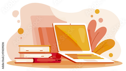 Laptop and books illustration modern digital design