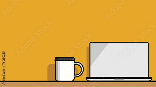 Laptop and coffee cup on table against a yellow wall illustration