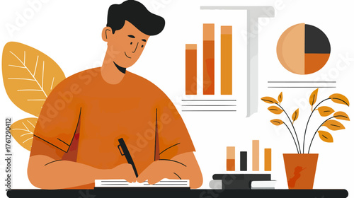 Man analyzing data with charts and diagrams illustration