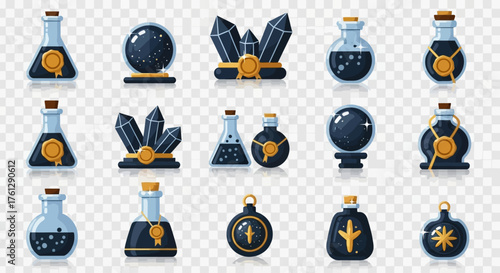Fantasy potion and crystal icons set in elegant blue and gold color scheme. Magic elixirs, healing bottles, crystals, and enchanted vials for RPG interface, game UI, or mystical alchemy design.