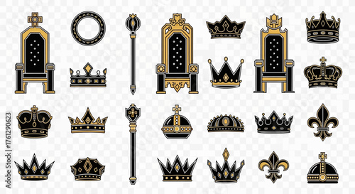 A collection of royal symbols including crowns, scepters, and thrones in black and gold.