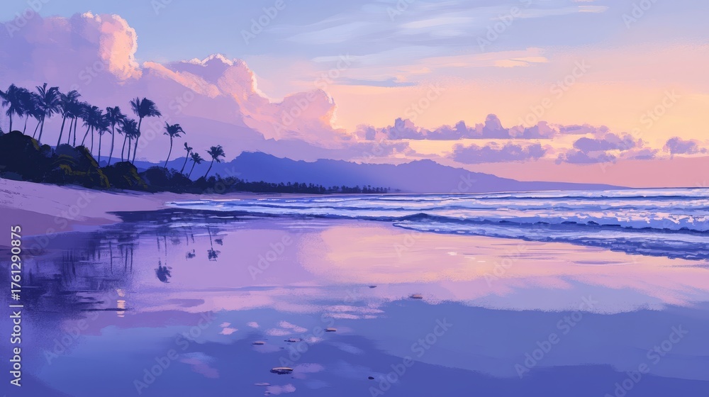 Fototapeta premium 60.A panoramic view of Makena Beach at dawn, with soft pink and lavender hues in the sky, calm ocean waves reflecting the early morning light, and a line of palm trees silhouetted against the horizon.
