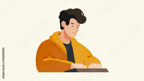 Man in yellow jacket looking down vector illustration