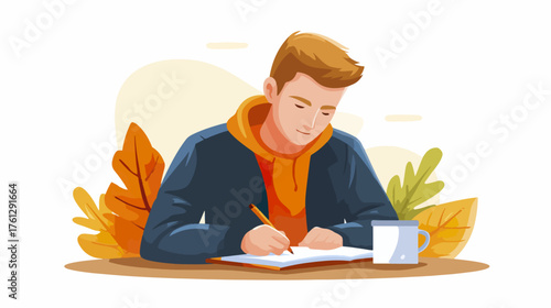 Man writing in notebook with cup and autumnal leaves illustration