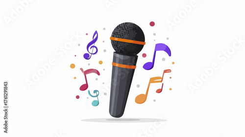 Microphone with musical notes illustration on white background