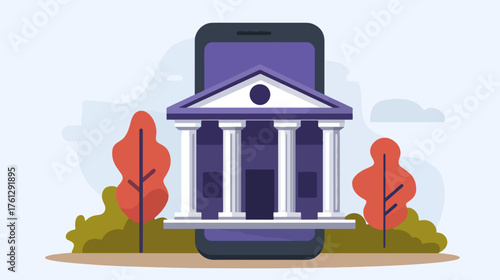 Mobile banking app illustration with building icon and nature elements