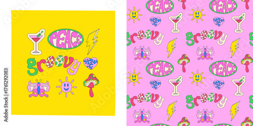 Retro sticker funny cartoon seamless pattern. Psychedelic comic sticker hippie style, groovy trendy 90s cartoon boundless background. Endless vector print textile fabric wrapper template decoration
