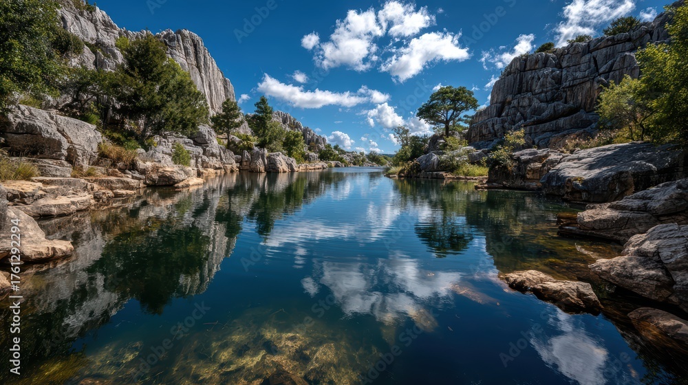 Fototapeta premium Serene Mountain Lake Surrounded by Rocky Cliffs and Greenery