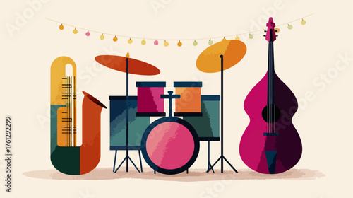 Musical instruments illustration jazz band set colorful graphic design