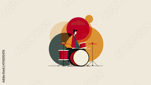 Musician playing drums with colorful overlapping circles background illustration