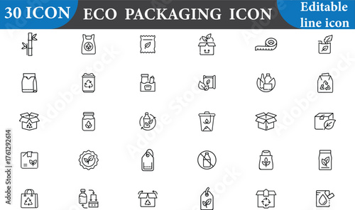 An eco packaging icon set, perfect for illustrating sustainable solutions and environmentally friendly practices in product packaging. Isolated on white background.