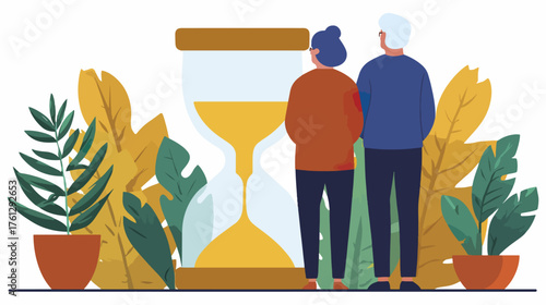 Older couple observing an hourglass with foliage time concept illustration