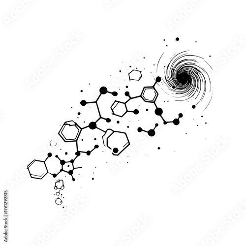 Illustration of a complex molecule structure connected to a swirling vortex on a white background
