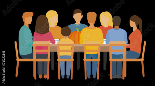 People gathering around table pumpkin autumnal theme