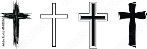 Stylized Silhouettes of Four Christian Cross Designs in Horizontal Layout, Calm Mood, One-Panel Religious Symbol Vector Illustration