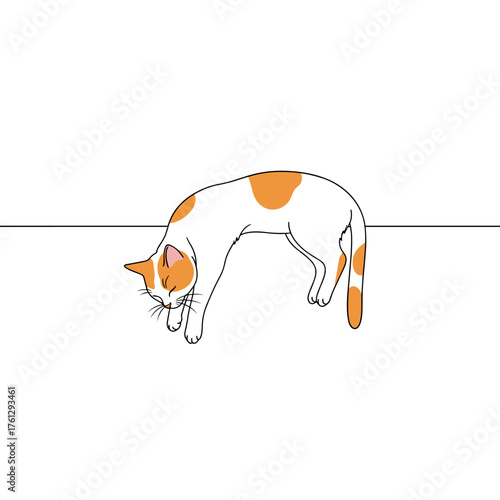 An adorable orange and white cat is curiously sniffing the ground with its head down.