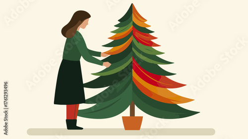 Person decorating a colorful christmas tree illustration