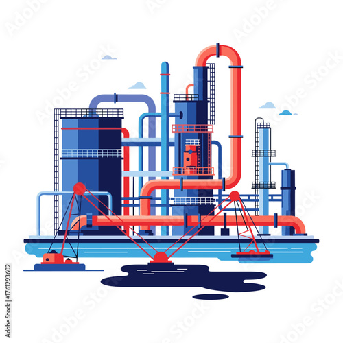 An illustration of a complex industrial oil refinery with pipelines and storage tanks.