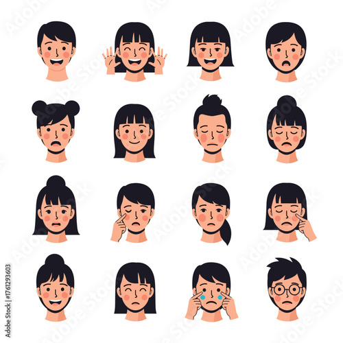 A diverse collection of animated faces expressing various emotions and moods with distinct hairstyles and expressions.