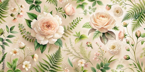 Elegant Botanical Illustration Featuring Delicate Roses and Lush Greenery on a Soft Beige Background