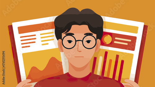 Person holding charts and reports with data and graphs illustration