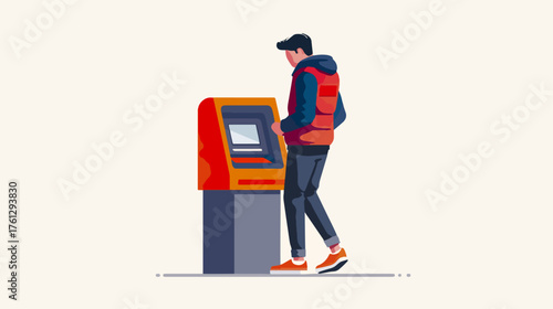 Person interacting with automated teller machine illustration