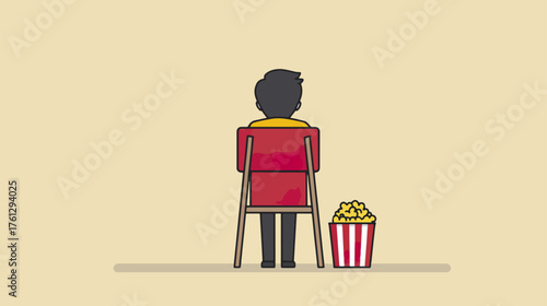 Person sitting in a cinema chair watching a movie with popcorn illustration