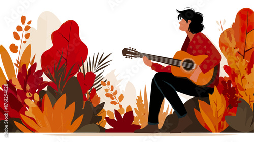 Person playing guitar amidst stylized foliage illustration