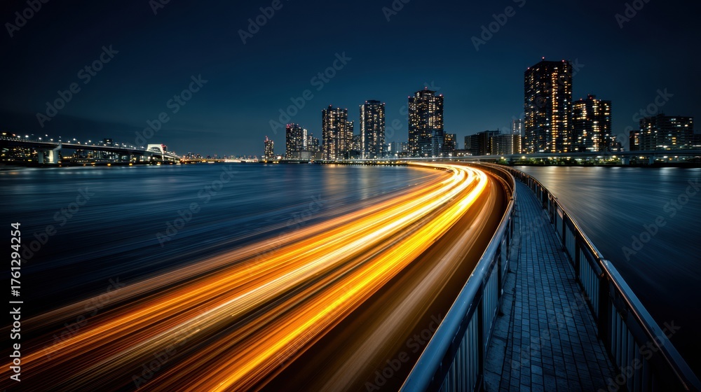 Fototapeta premium City Skyline at Night With Illuminated Buildings and Light Trails Along the Waterfront