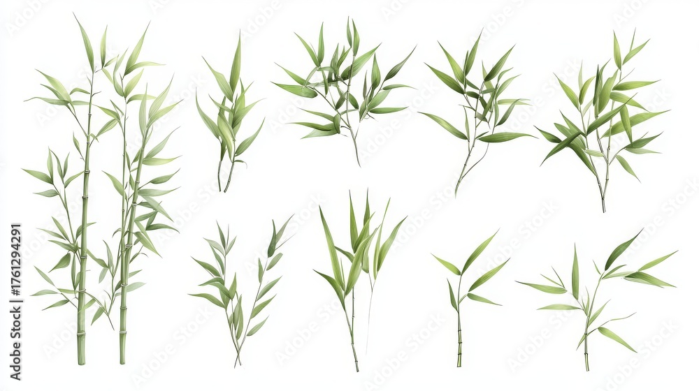 Naklejka premium 100.A set of vector-drawn bamboo stalks, gently swaying, in varying shades of green, creating a peaceful and nature-inspired background ideal for use in eco-friendly or Asian-themed design projects.