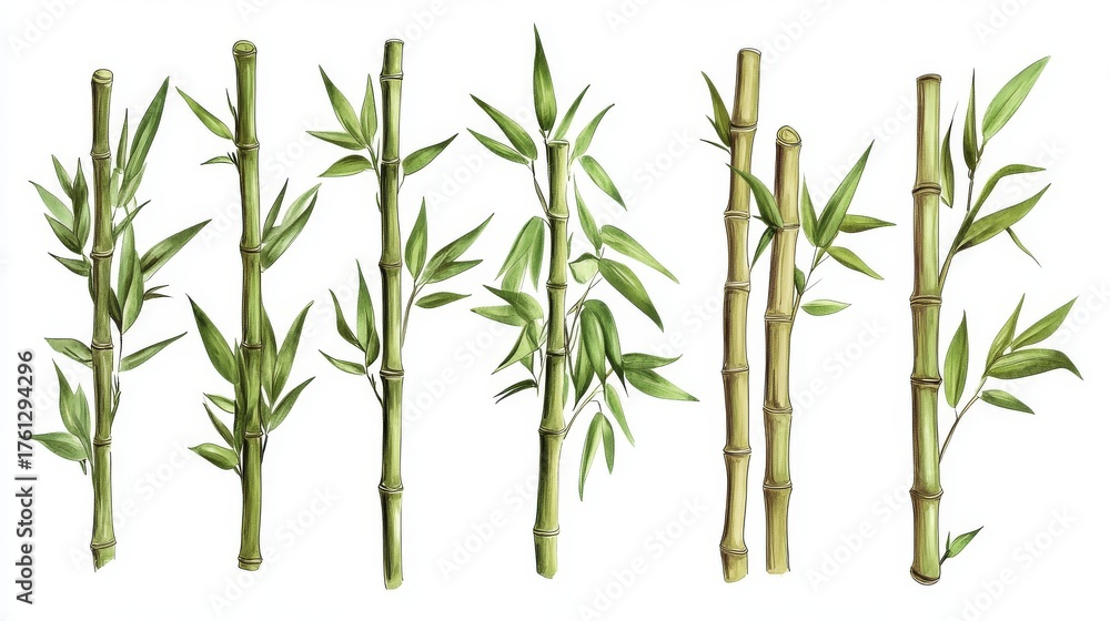 Obraz premium 100.A set of vector-drawn bamboo stalks, gently swaying, in varying shades of green, creating a peaceful and nature-inspired background ideal for use in eco-friendly or Asian-themed design projects.