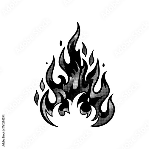 Hand Drawn Black Flame Illustration with Vintage Engraving Style and Grunge Texture