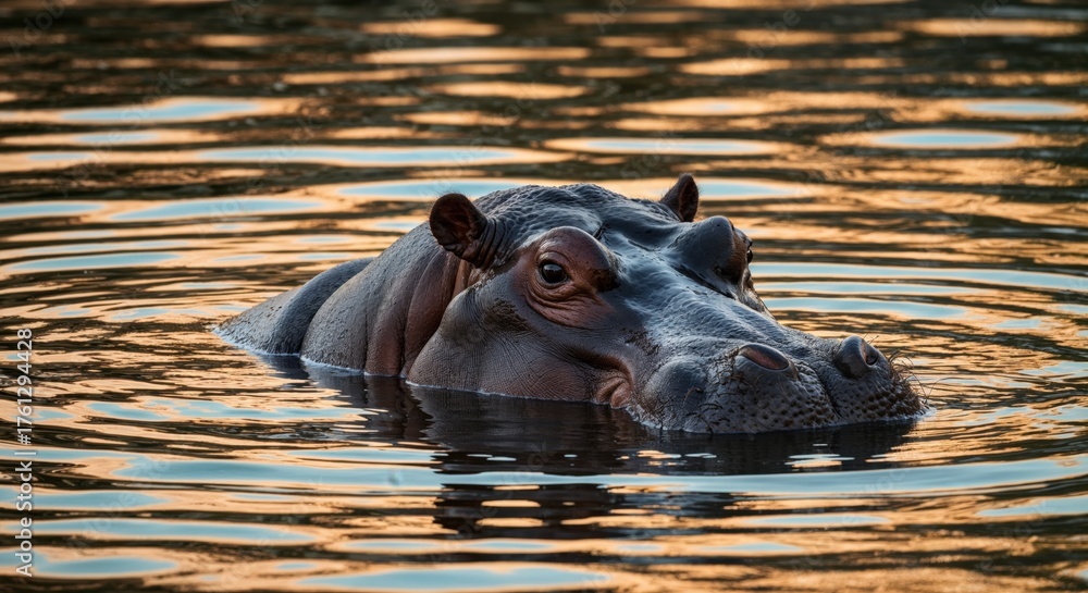 Fototapeta premium Hippopotamus's Serene Soak: A lone hippopotamus basks in the gentle water, its skin glistening under the warmth of sunlight, capturing a moment of tranquility in its natural habitat.