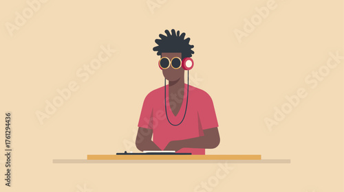 Person with headphones and sunglasses using audio equipment