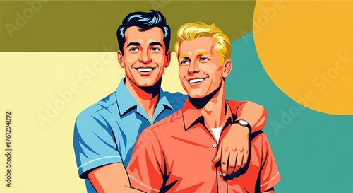 Retro pop art illustration of two smiling men embracing, in a vintage comic book style against a colorful, warm-toned background.