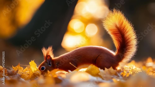 Wallpaper Mural Adorable red squirrel foraging among golden autumn leaves in a sun-drenched forest environment Torontodigital.ca