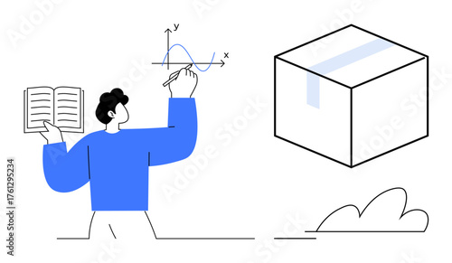 Person with open book drawing graph and box representation for concepts thumbs up analysis, education, planning, logistics, supply chain, creativity, learning. A simple flat metaphor