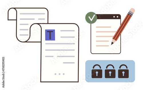 Two documents, a validated form with a checkmark and pencil, and secure locks. Ideal for content creation, editing, approval, compliance, privacy, digital security simple flat metaphor