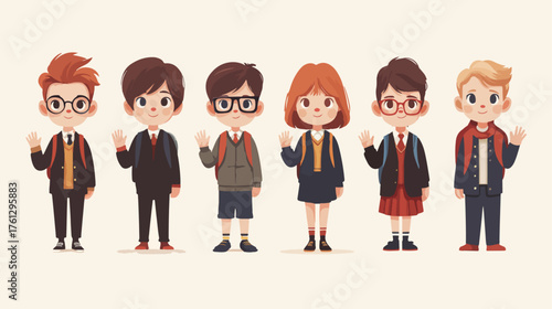 School children waving hello with school backpacks