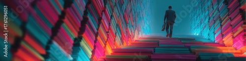 A professional businessman climbs a colorful staircase made of stacked books, representing the pursuit of knowledge and career advancement with education.