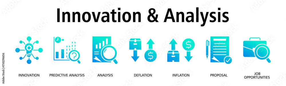 Fototapeta premium Innovation & Analysis banner web icon vector illustration concept with icon of innovation, predictive analysis, analysis, deflation, inflation, proposal 