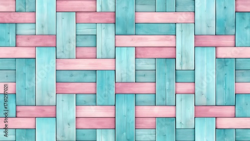 Wallpaper Mural Pastel-hued wood plank pattern  A seamless texture of interwoven light blue and pink wood strips, ideal for backgrounds, design projects, or crafting applications. Torontodigital.ca