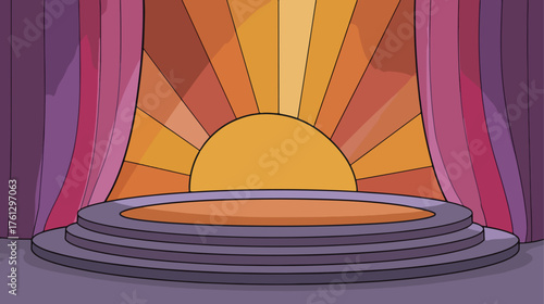Stage background illustration with abstract sunrise and curtains