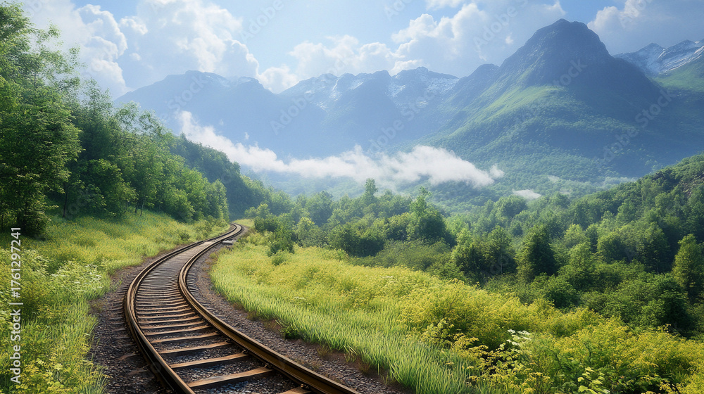 Fototapeta premium Hyperrealistic image of train tracks curving toward majestic mountains, symbolizing journey, adventure, and exploration. The composition evokes perspective, movement, and the beauty of scenic landscap