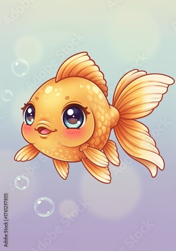 Adorable Goldfish in the depths of water: A cute and friendly goldfish swims gracefully in crystal clear water, surrounded by gentle bubbles, its vibrant scales shimmering in the light.