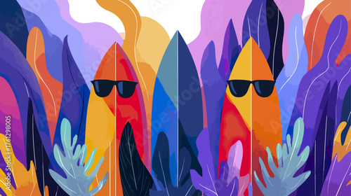 Surfboards in sunglasses surrounded by colorful foliage illustration
