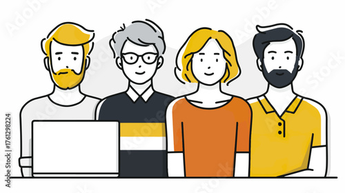 Team of diverse individuals with laptop illustrated graphic