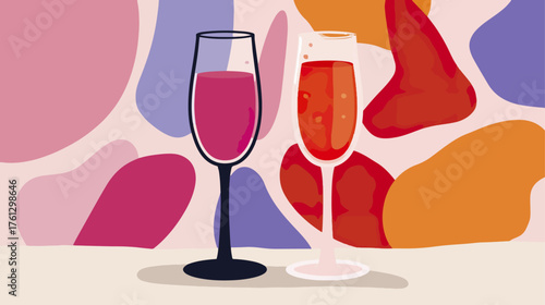Two champagne glasses filled with red beverages against abstract background