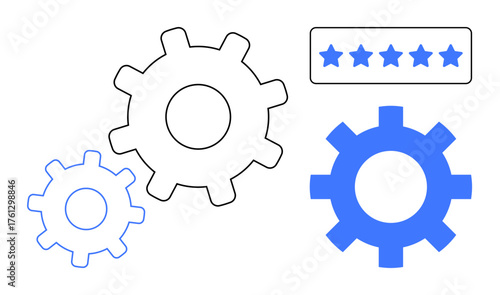 Three interlocking gears and a five-star rating box symbolizing teamwork, system optimization, and excellence. Ideal for quality assurance, process improvement, teamwork, performance, strategy