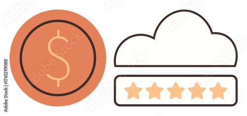 Coin with dollar sign and five-star rating beneath cloud image emphasizing financial success, quality, trust. Ideal for finance, e-commerce, review systems, reliability, cloud storage, online